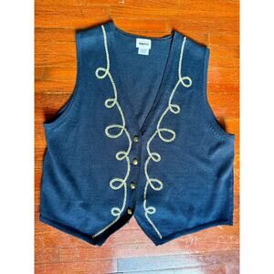 Vintage 90s Y2K Leslie Fay Black Gold Rope Sweater Vest Large XL Layering Casual